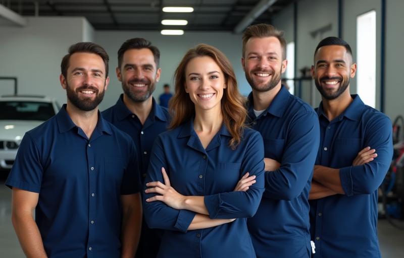 Sparkle Auto Care team standing in front of the service bay